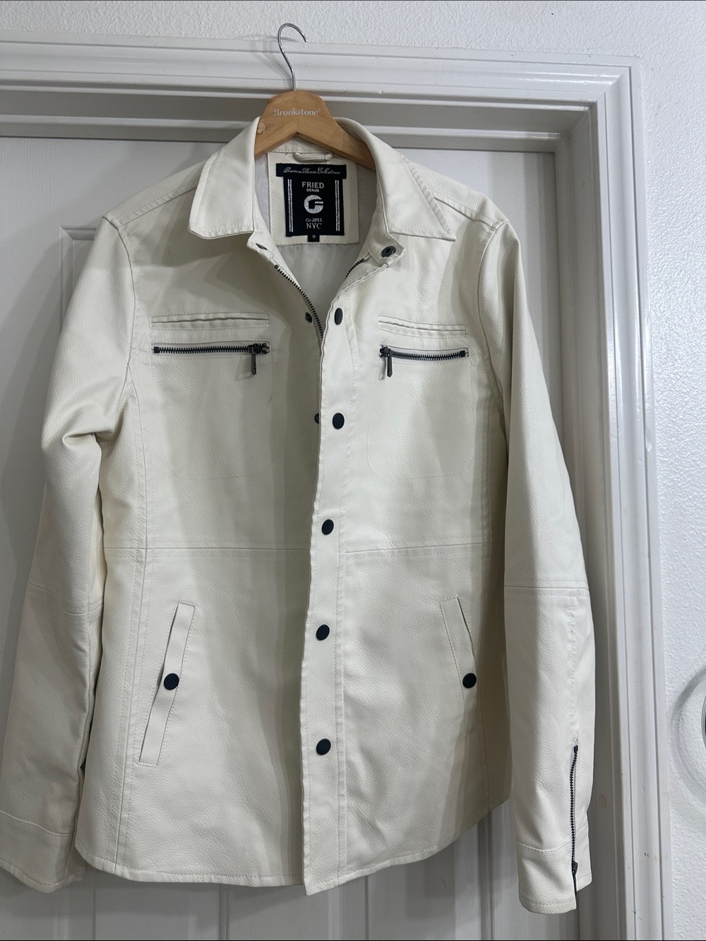 Brookstone Cream Leather Jacket with Black Trim